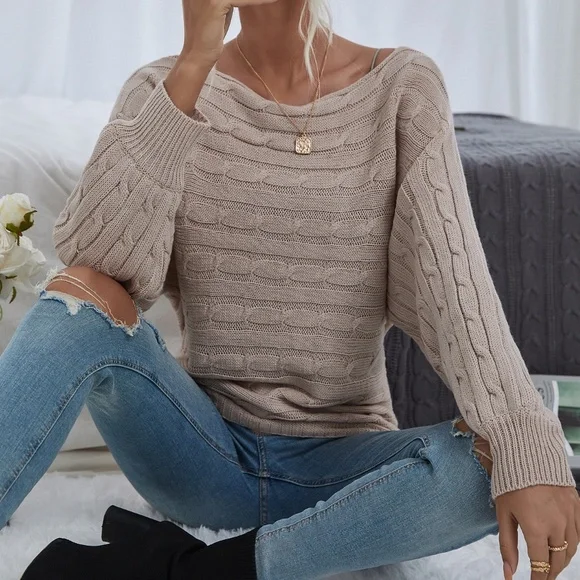 Khaki Chunky Knit Sweater Top Winter Minimalist - Picture 4 of 4